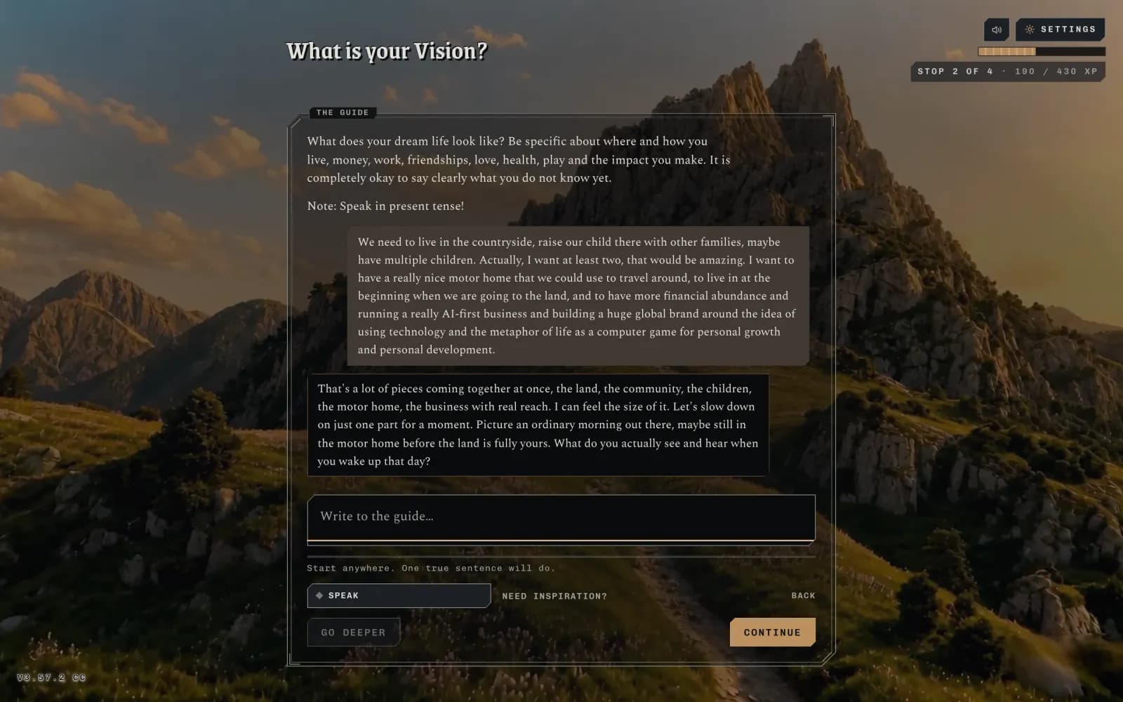A stop in the journey: the question about your vision, an answer, and the guide's reply asking one question back.
