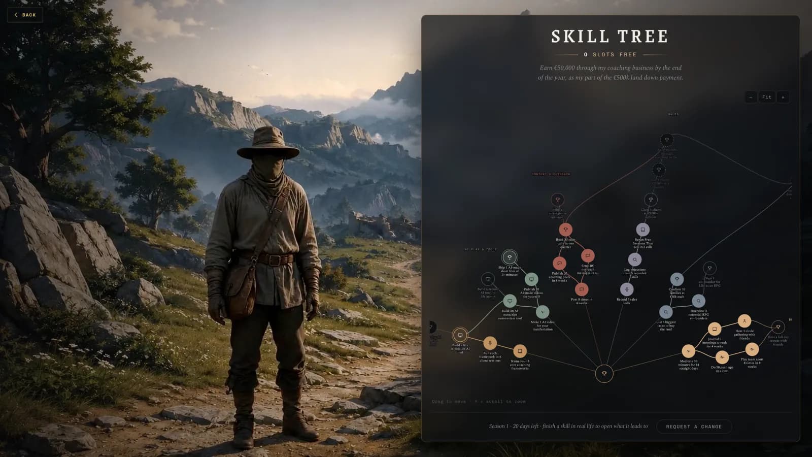 A skill tree beside the traveller on a mountain path, with half of its skills completed.