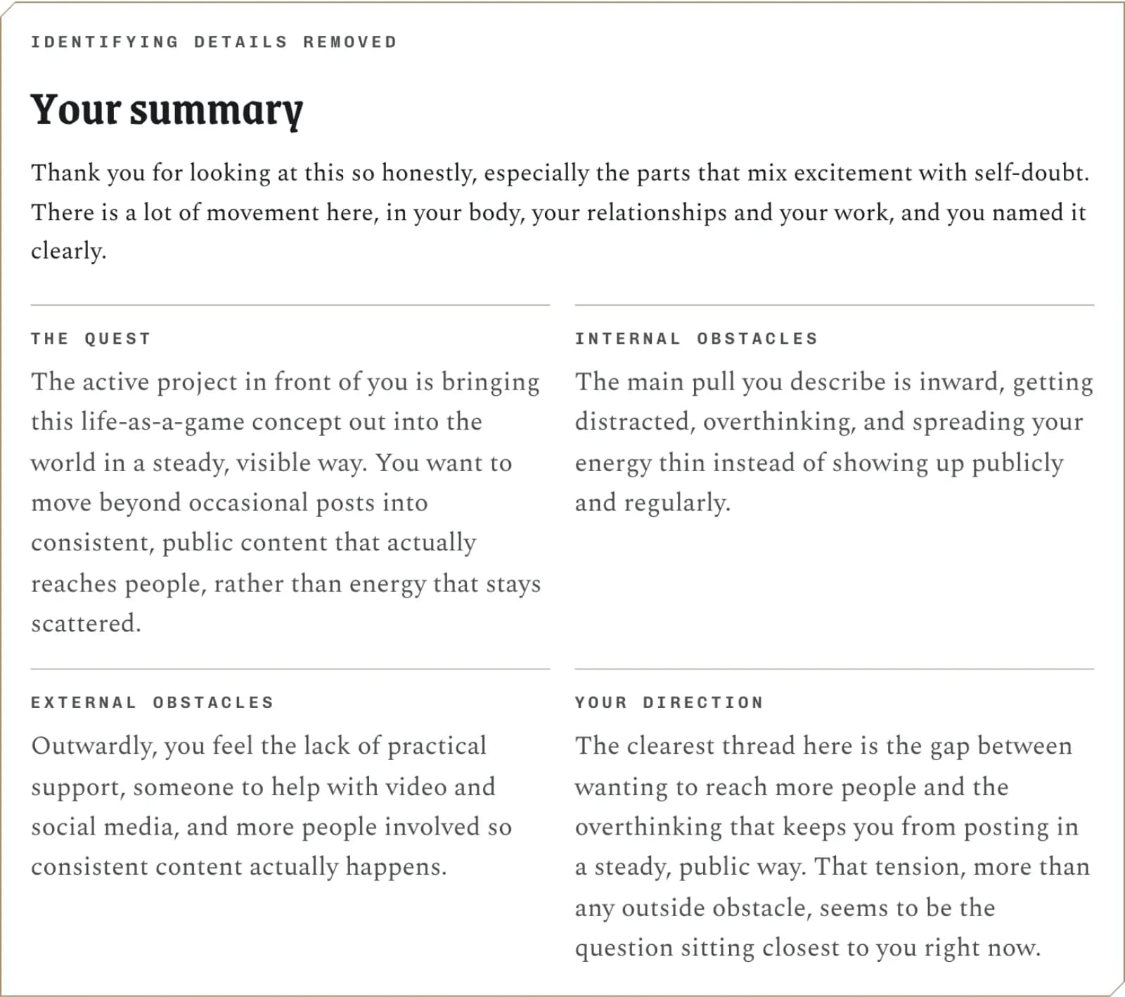 A written summary with four parts: the quest, internal obstacles, external obstacles and your direction.